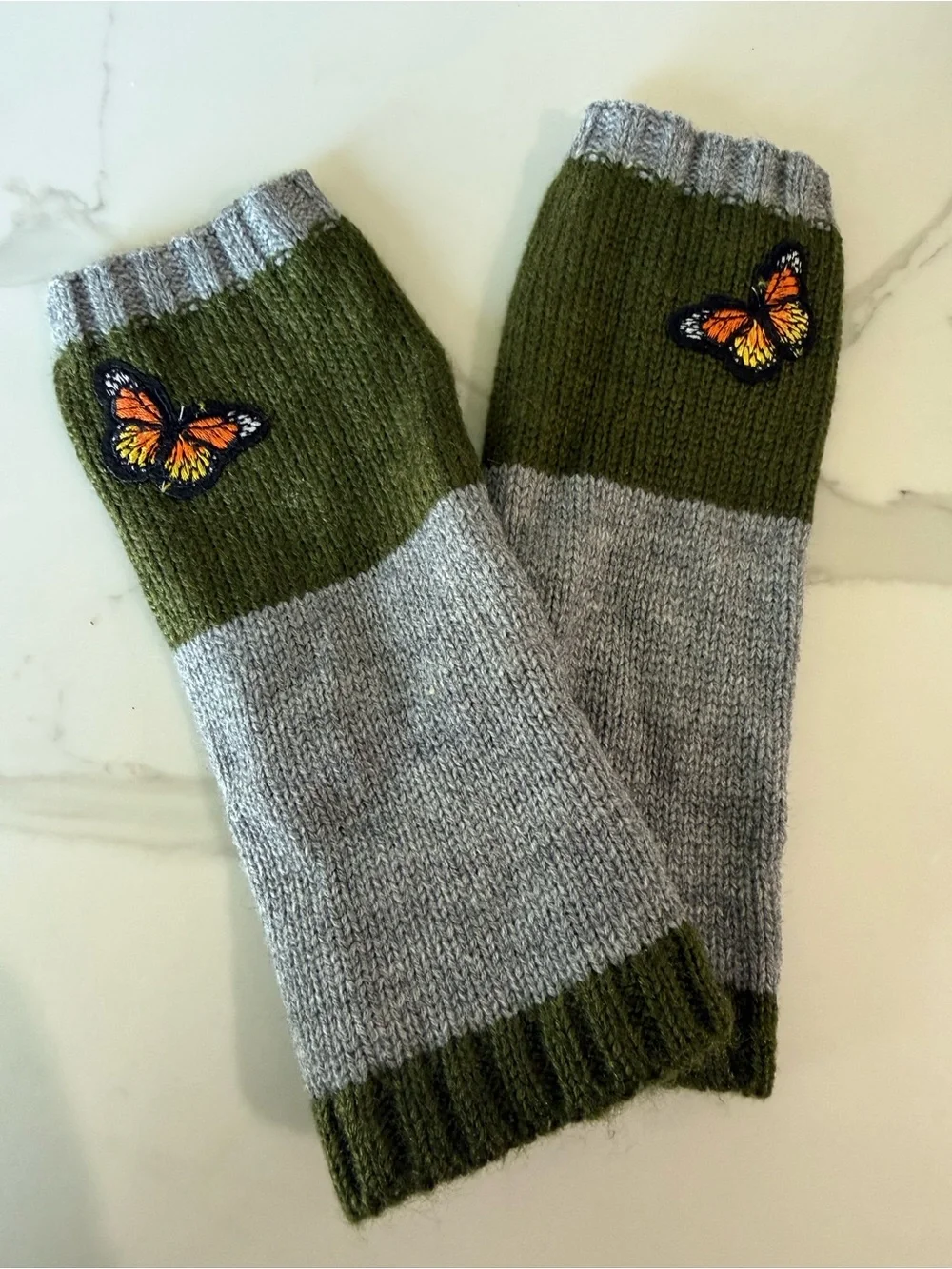 Butterfly Fingerless Knit Arm Warmers Gray Olive Green Winter Gloves Wrist